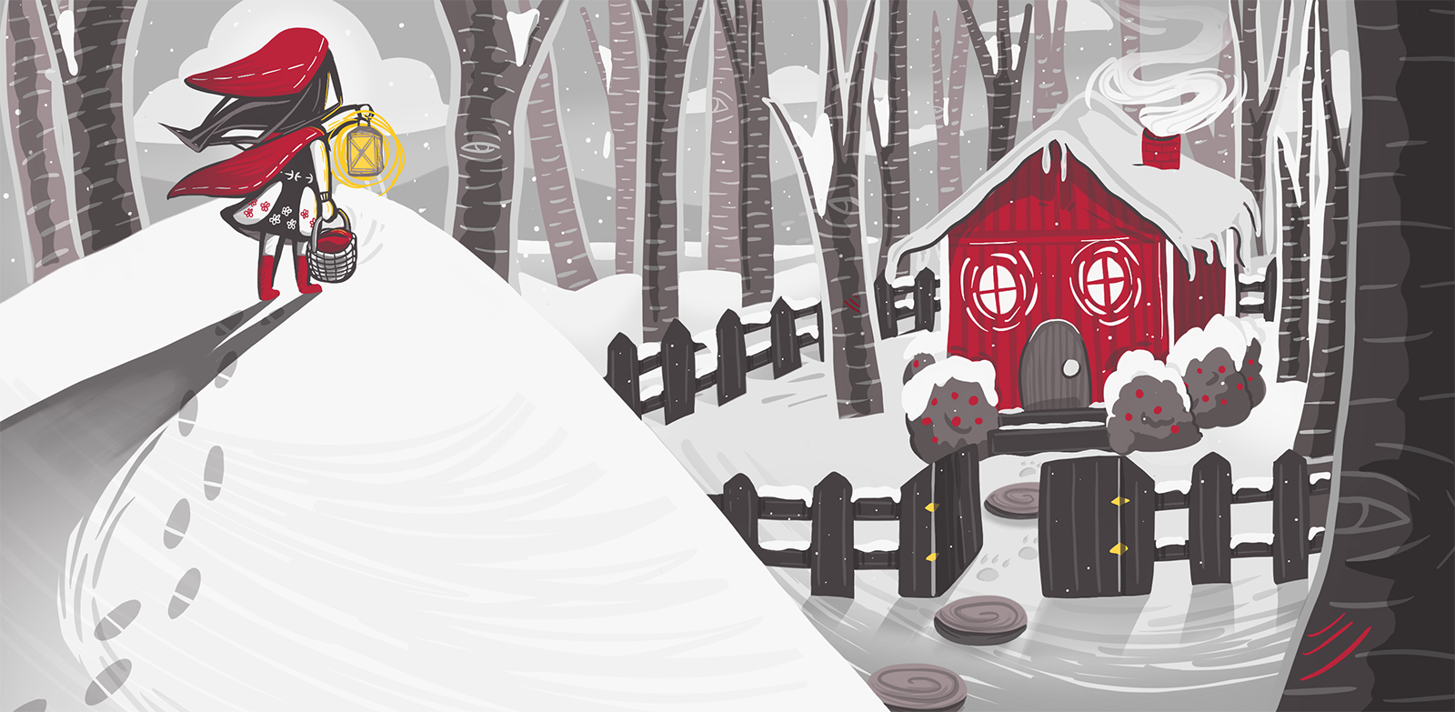 Little Red Riding Hood staring down a snowy hill at a red cabin