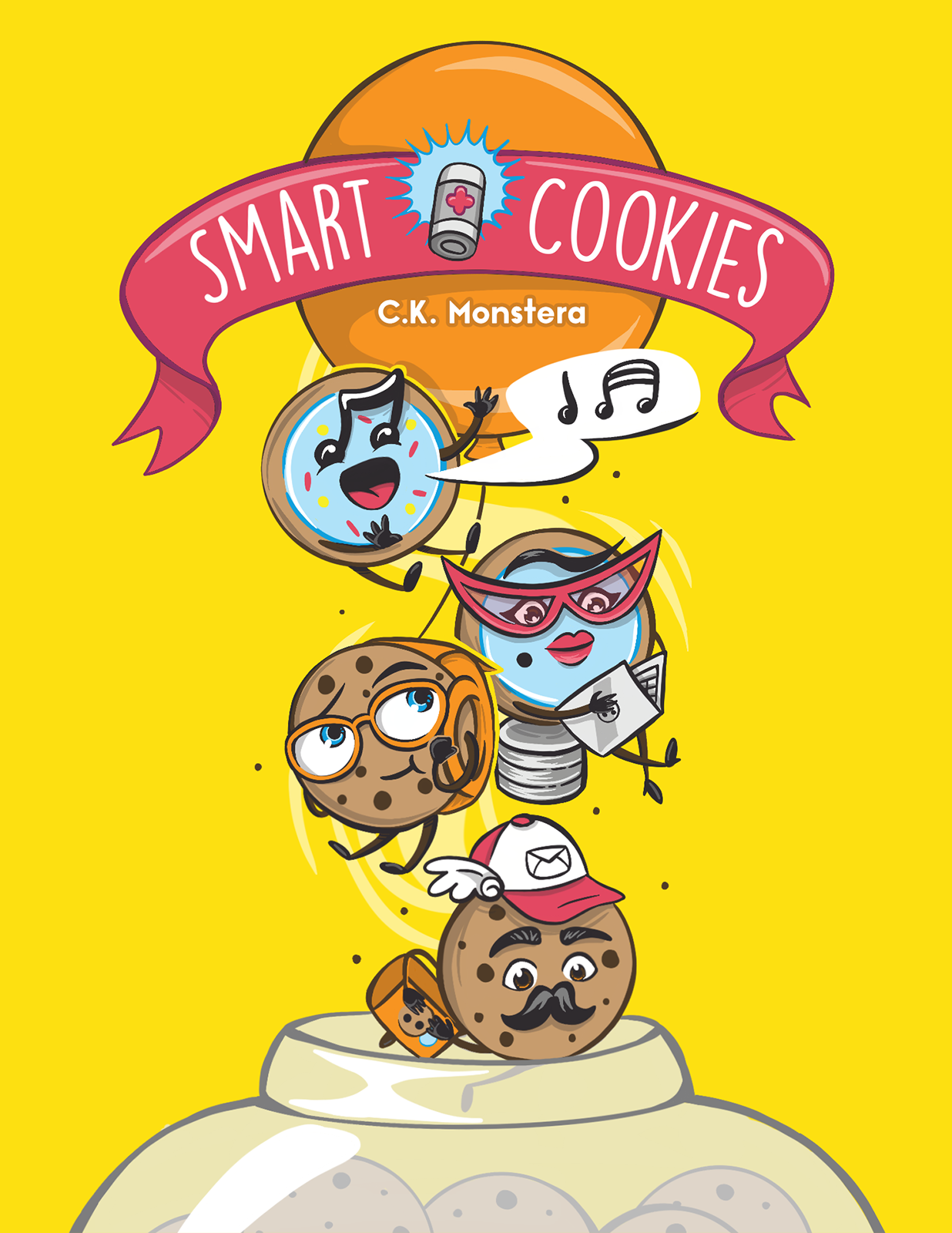book cover of four cookies holding a balloon