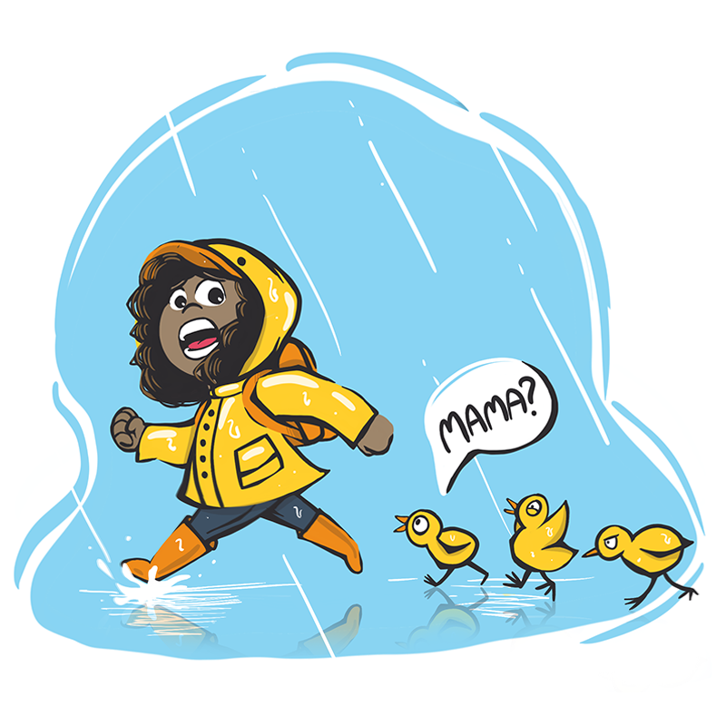 A girl in a duck outfit is chased by young ducklings that think she's their mother