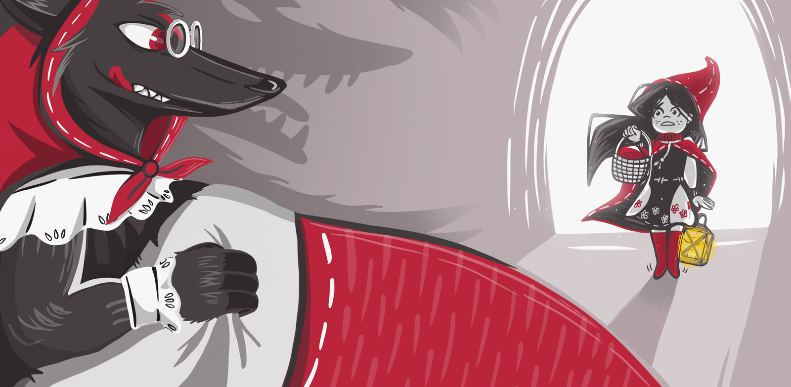 Wolf dressed in a hood in bed glares hungrily at little red riding hood