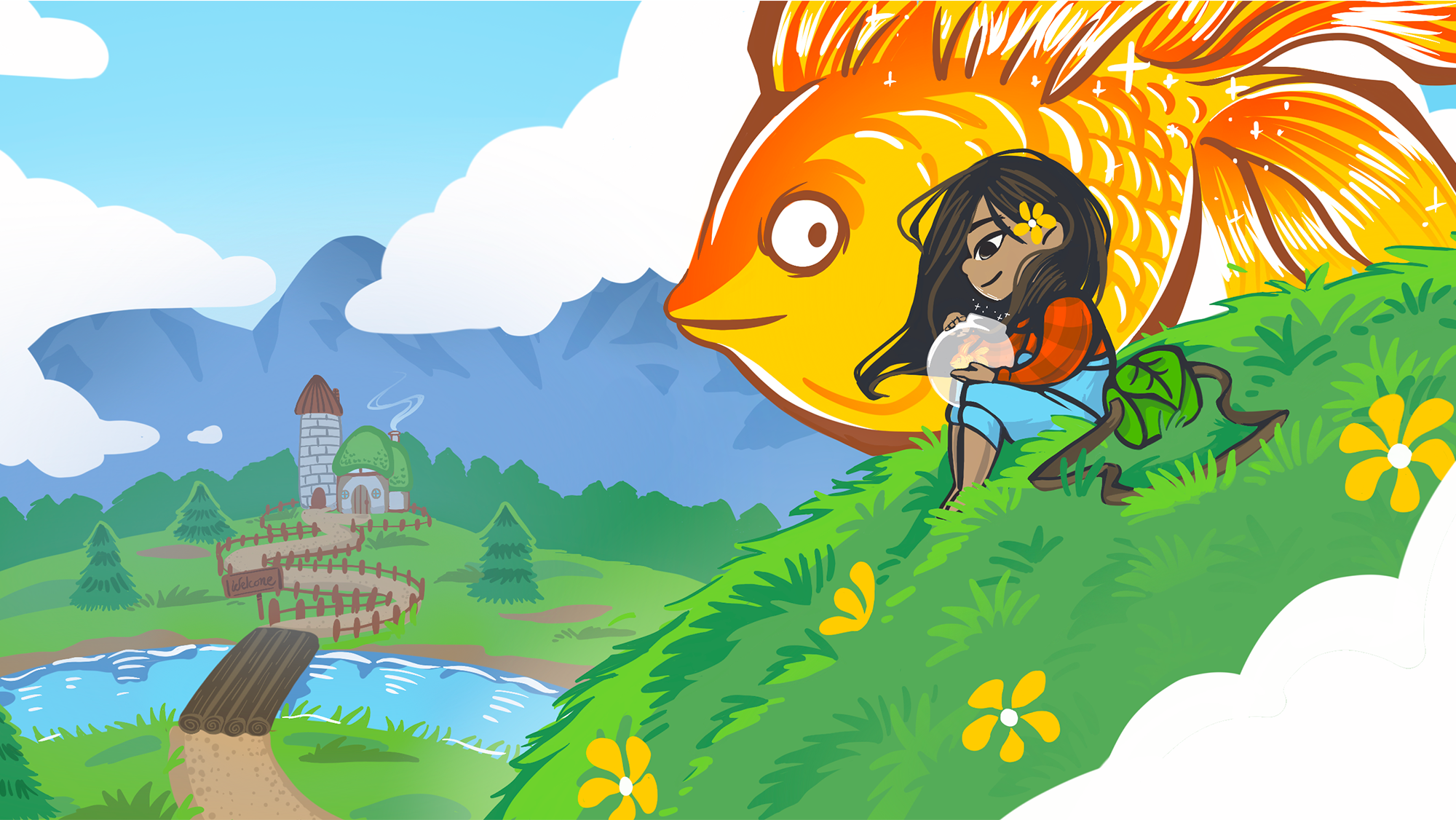 A girl on a hill smiles as she stairs at a goldfish